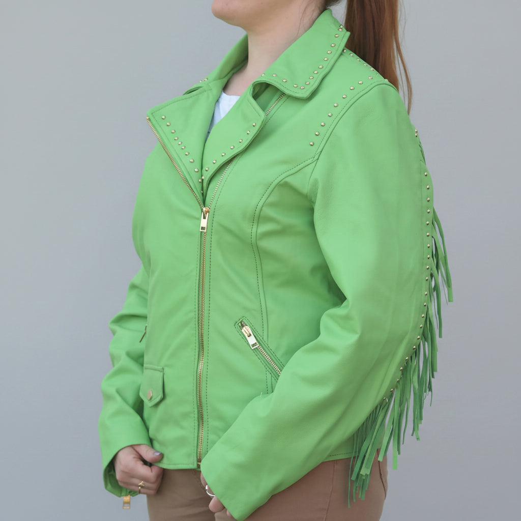 Women's Studded Leather Jacket with Removable Fringe