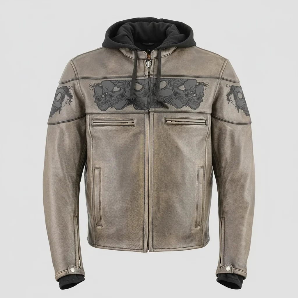 Milwaukee Leather Men's Crossover Scooter Jacket w/ Reflective Skulls & Full Sleeve Removable Hoodie