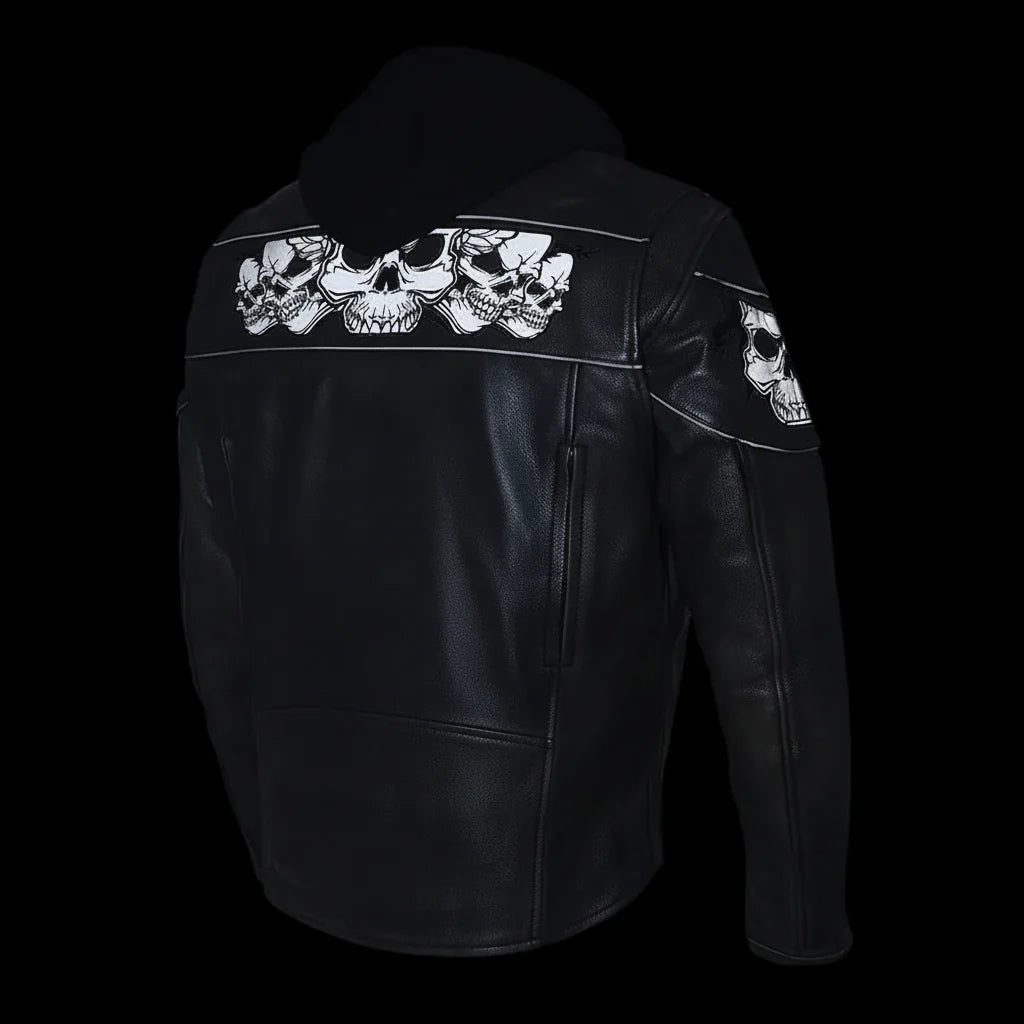 Milwaukee Leather Men's Crossover Scooter Jacket w/ Reflective Skulls & Full Sleeve Removable Hoodie