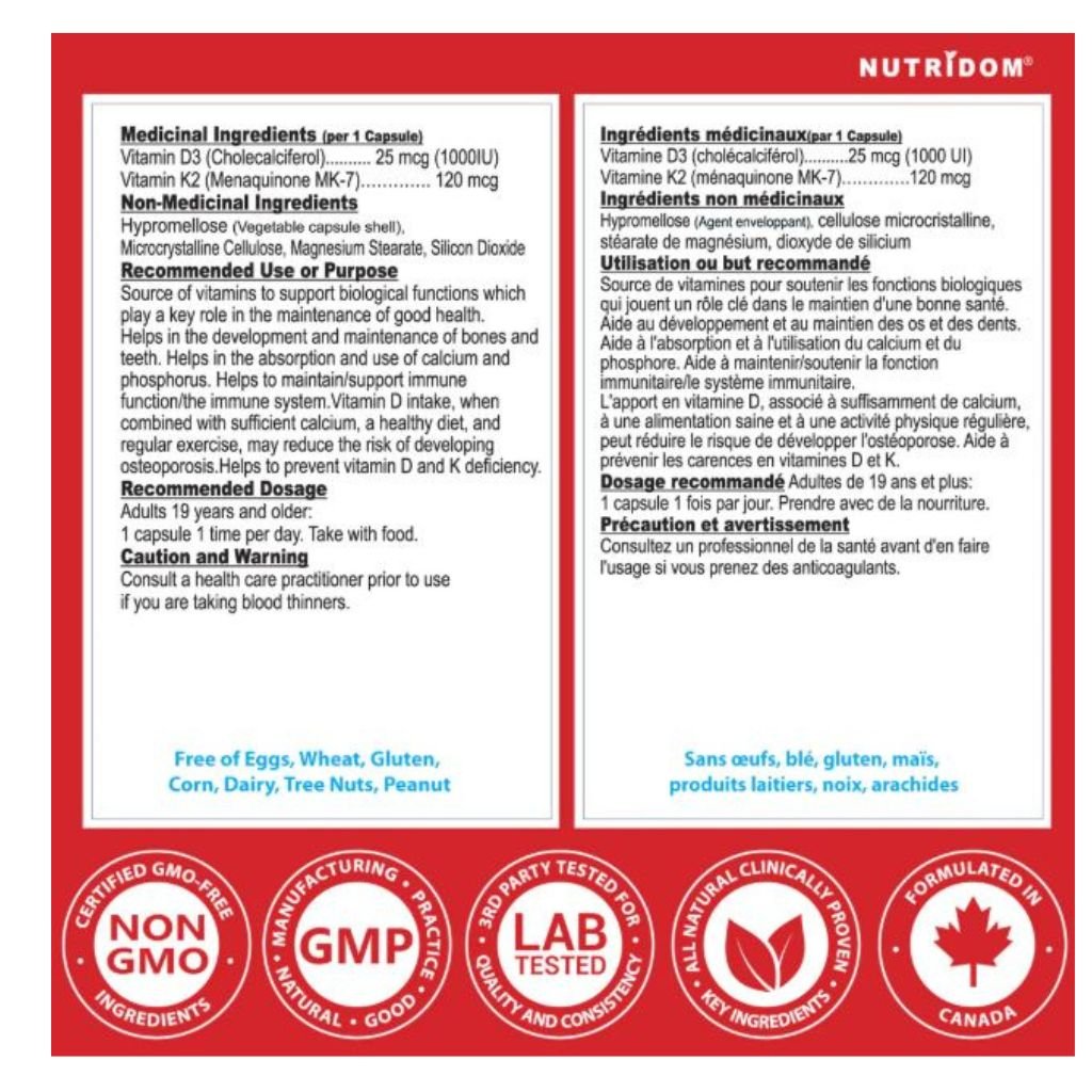 Nutridom VITAMIN D3+K2, VEGAN 120 VCaps
