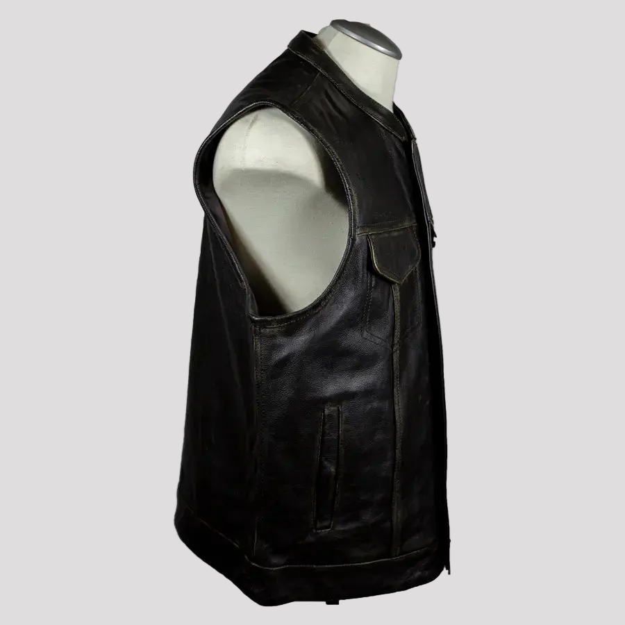 Open Road Men's Distressed Leather Club Vest | Premium Cowhide Riding Vest