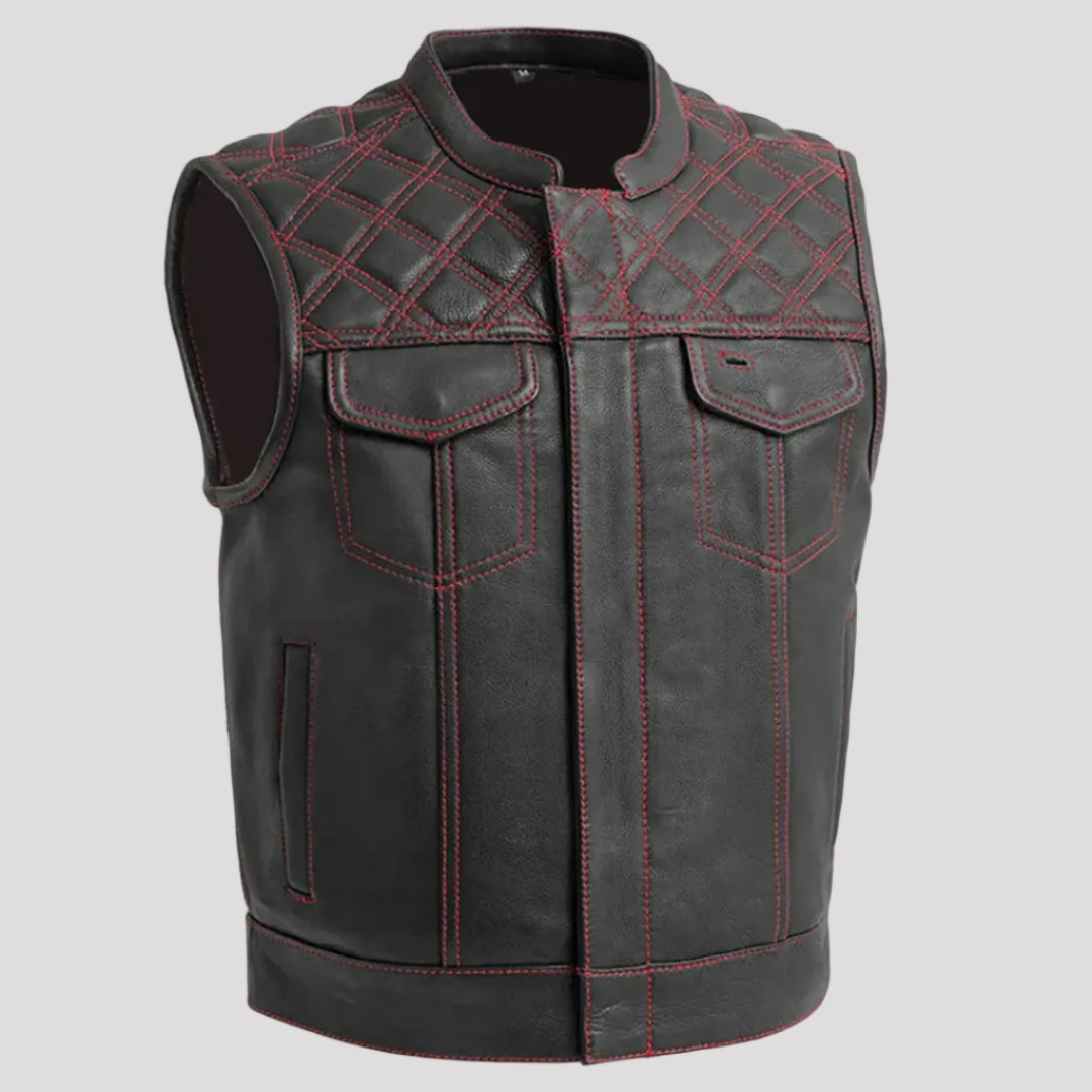 Open Road Men's Upside Leather with Red Stitched Diamonds Vest