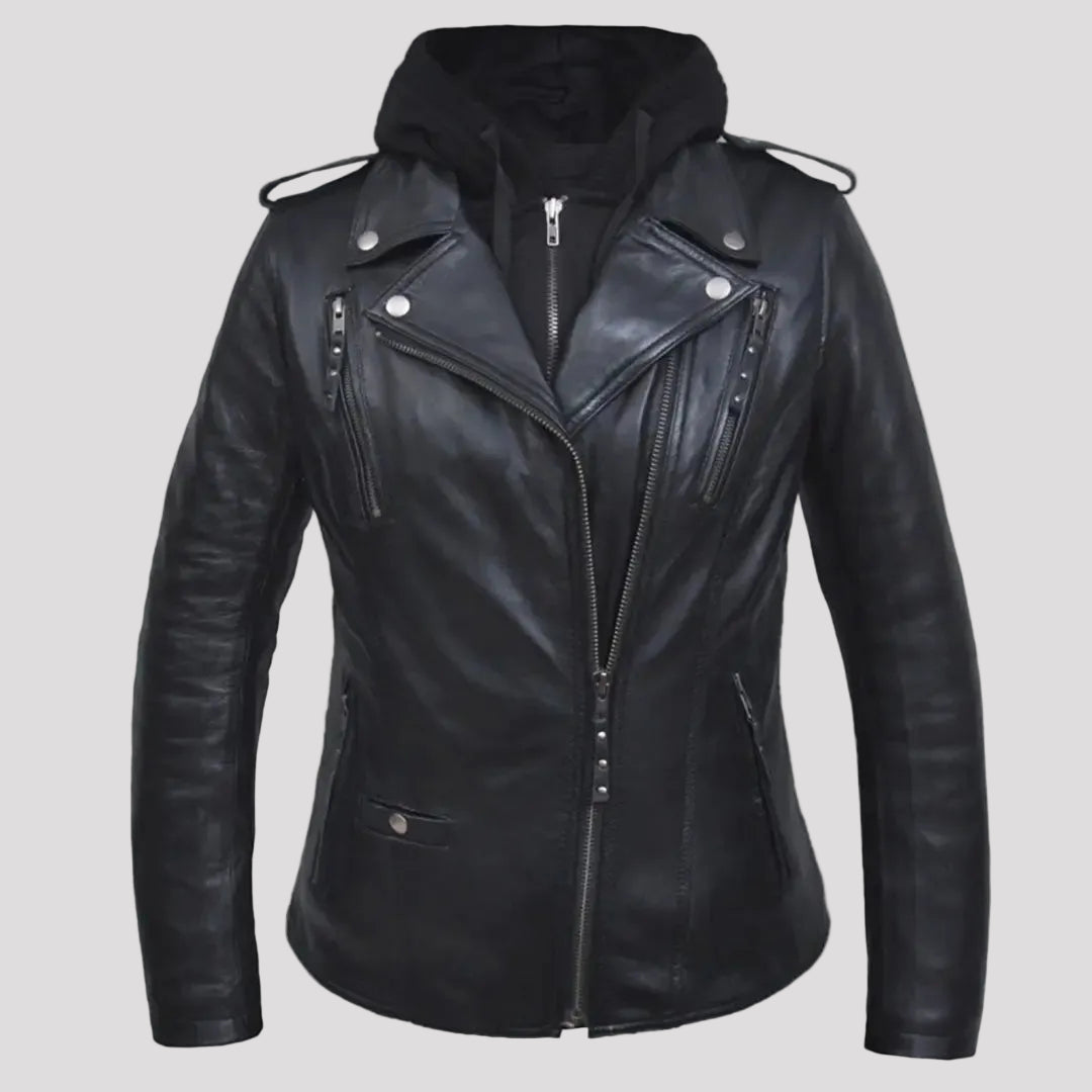 Open Road Women's Hooded Classic Leather Motorcycle Jacket