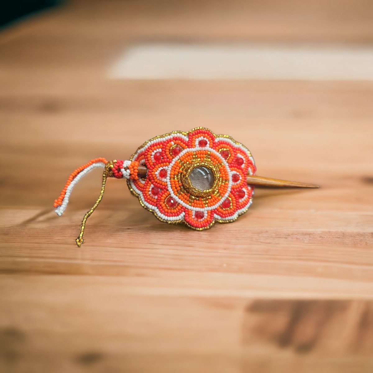 Native American Style Barrette Orange and Red accent