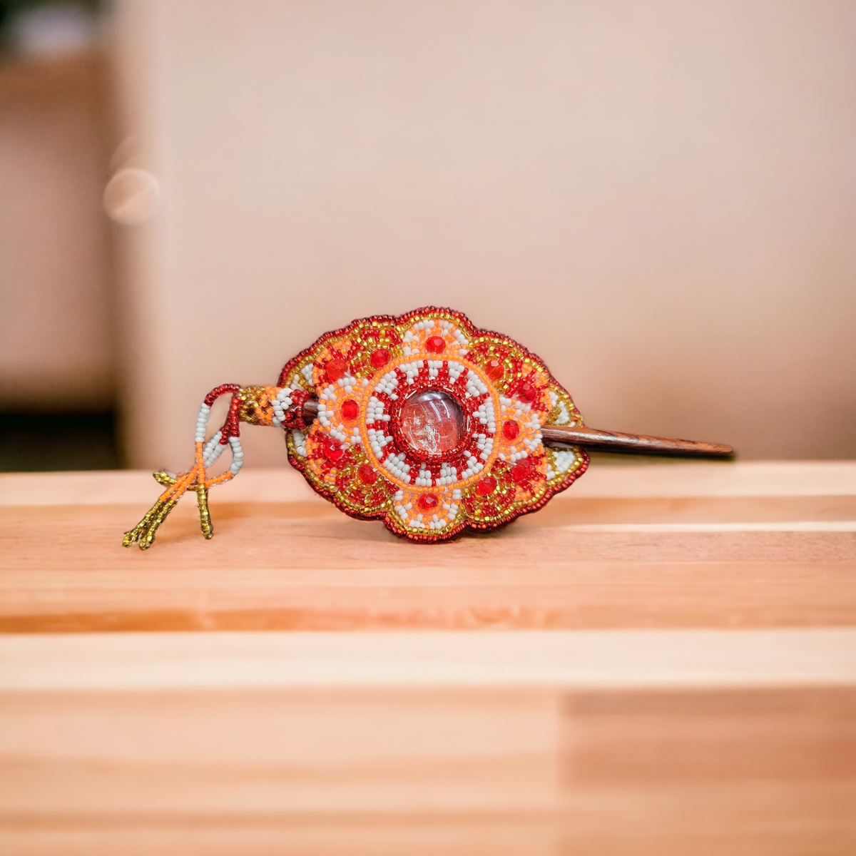 Native American Style Barrette Orange and Red accent