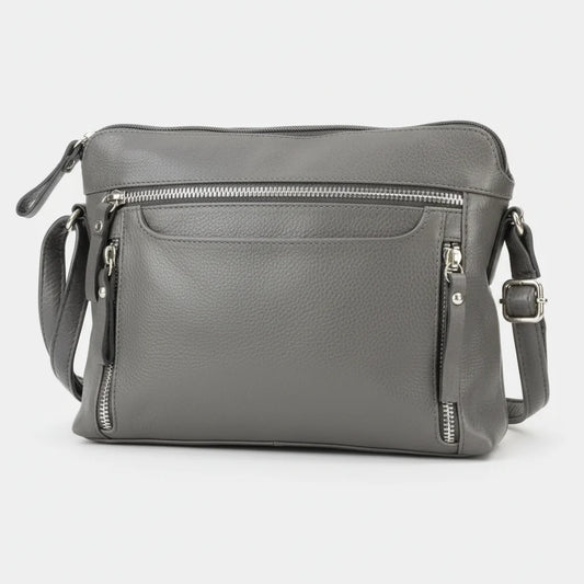 Leather Crossbody Slim Bag with Zippered Pockets & Adjustable Strap