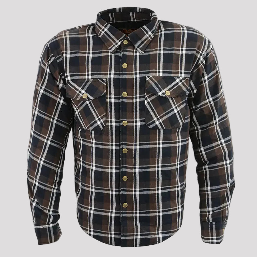 Milwaukee Leather Men's Brown Checkered Armored Flannel Biker Shirt with Reinforced Fibers