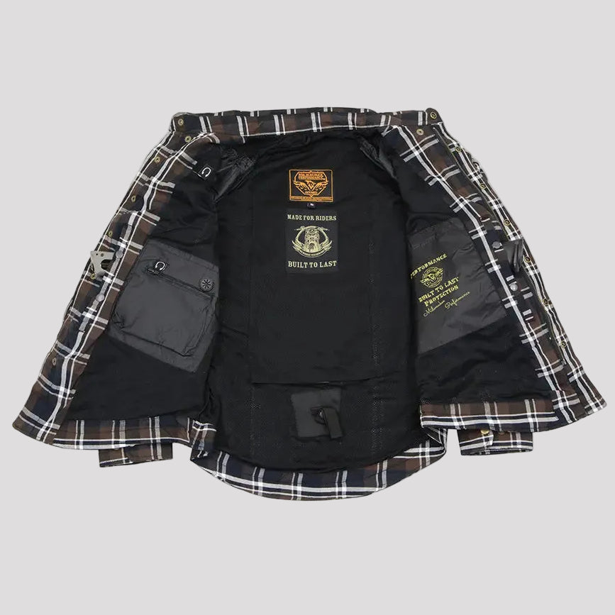 Milwaukee Leather Men's Brown Checkered Armored Flannel Biker Shirt with Reinforced Fibers