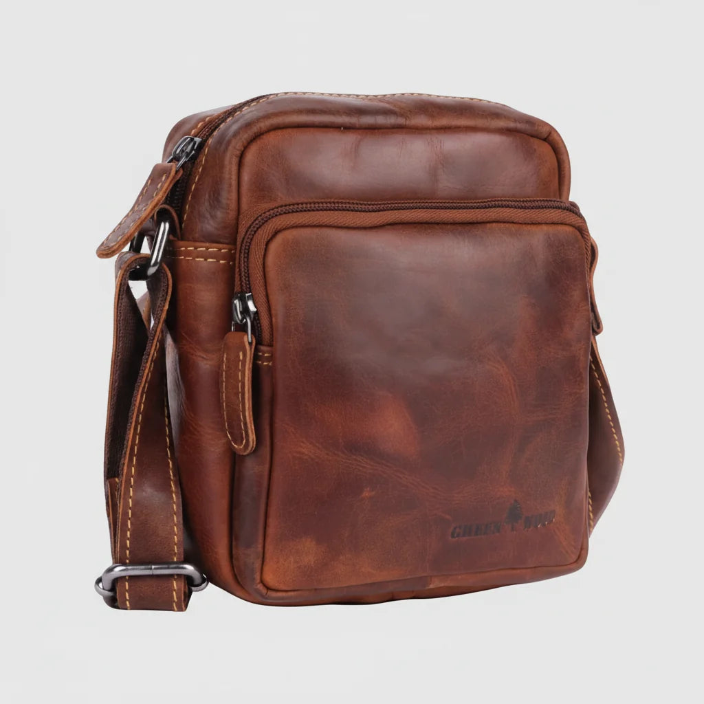 Greenwood Leather Mini-Messenger Bag. Premium Compact Crossbody Travel Organizer