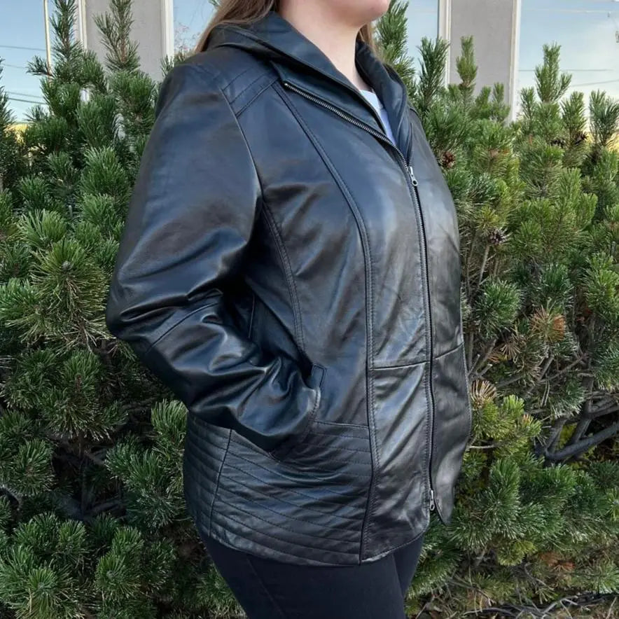 Women's Plus Size Sheep Leather Jacket with Removable Hood