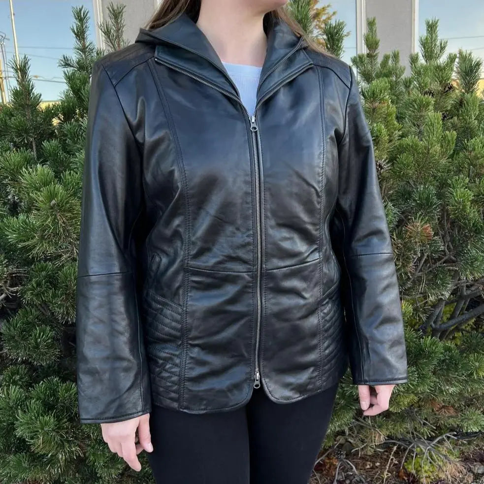 Women's Plus Size Sheep Leather Jacket with Removable Hood