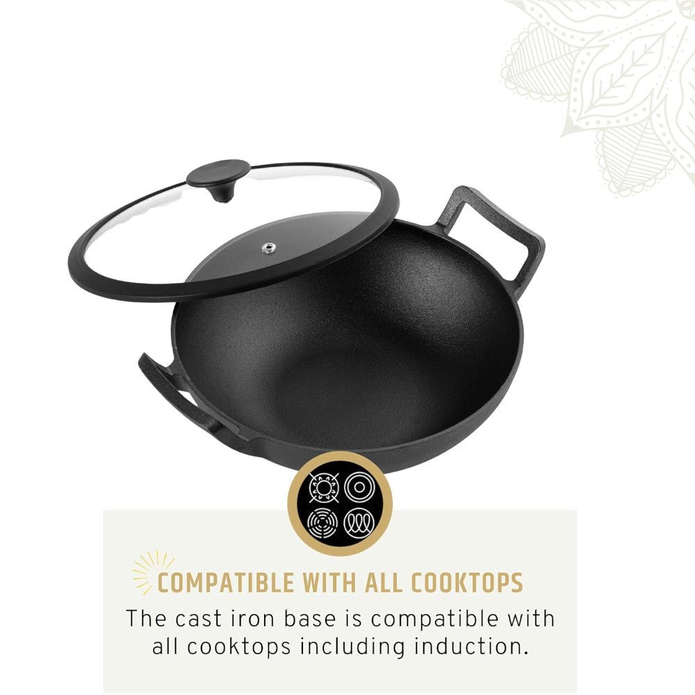 MAHARAJA T211K01 Cast Iron Karahi 26cm with Glass lid - Kastor