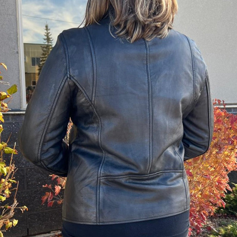 BOL Women's Lamb Leather Biker Style Jacket with Asymmetrical Zip
