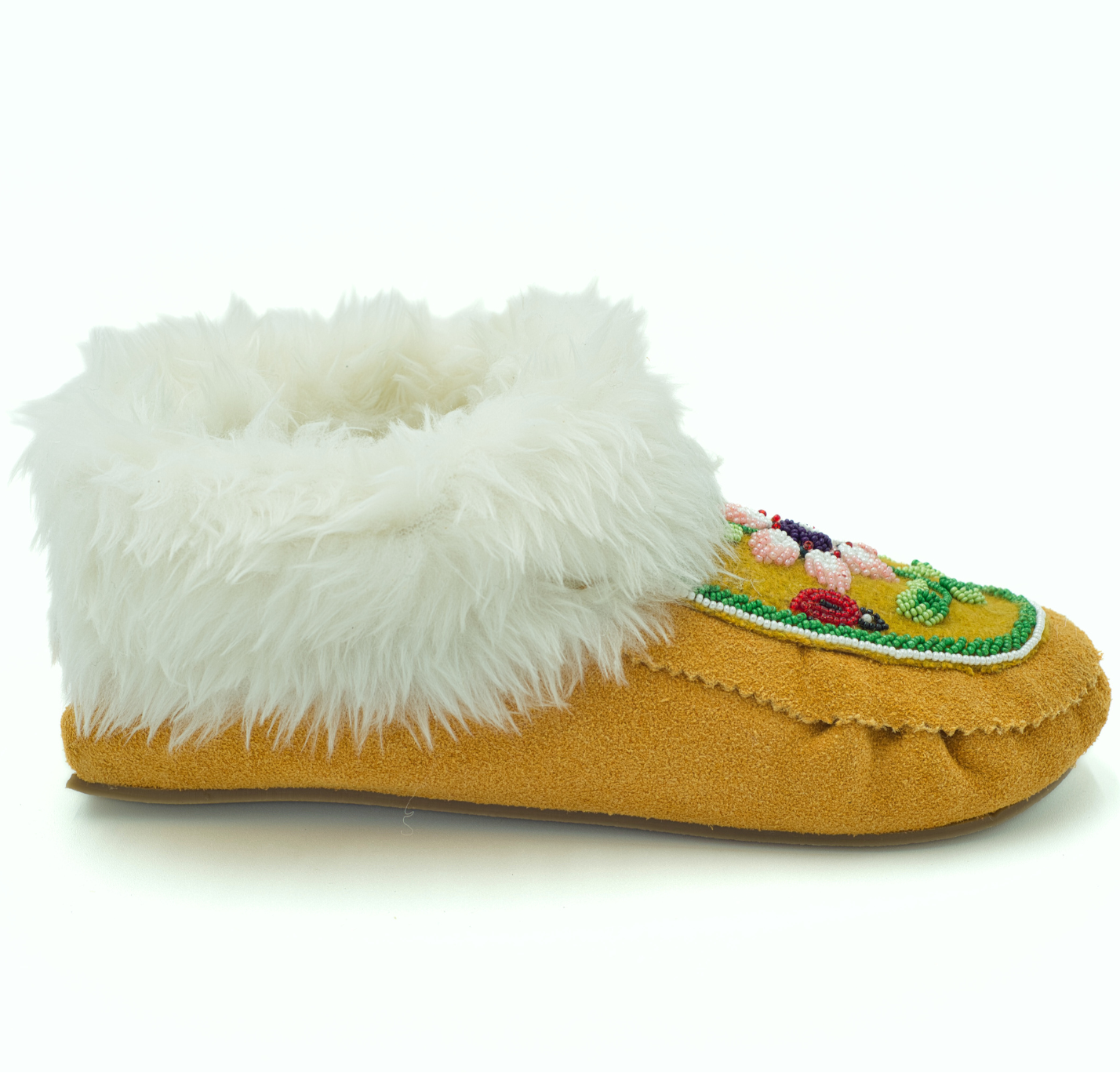 Women's Floral Beaded Suede Moccasins - Fur Trim