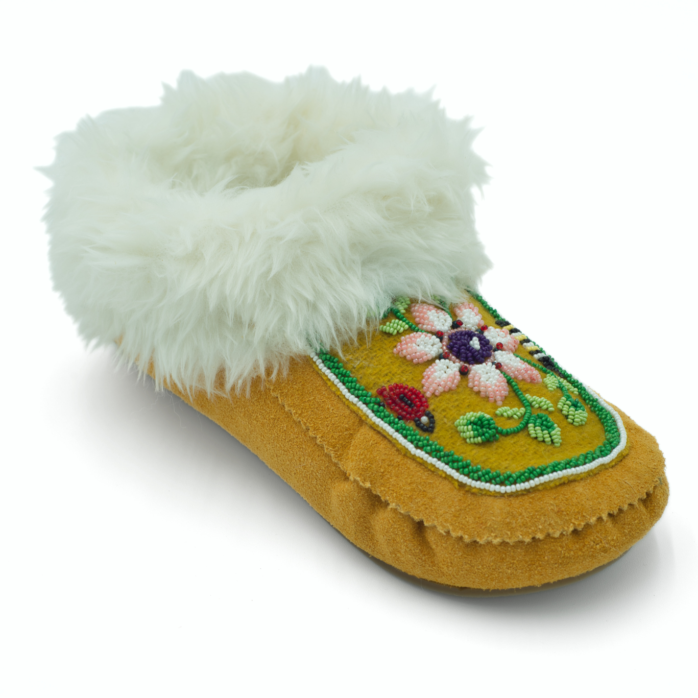 Women's Floral Beaded Suede Moccasins - Fur Trim