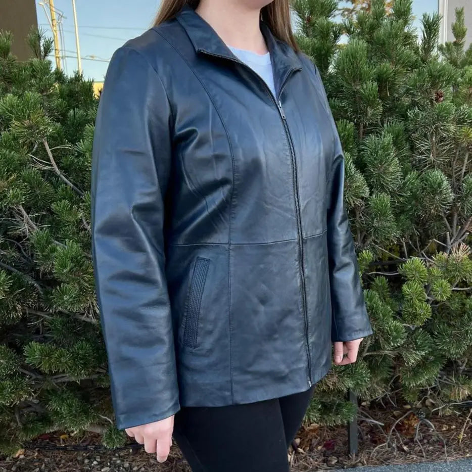 Women's Plus Size Lamb Leather Jacket with Zipper and Dual Pockets