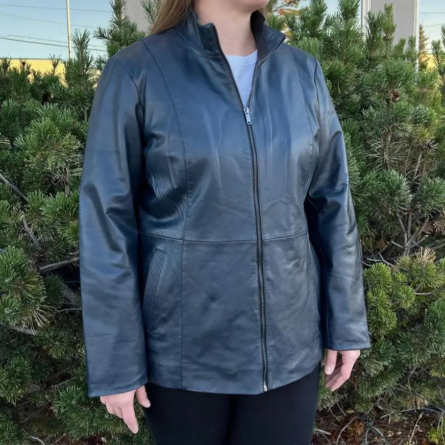 Women's Plus Size Lamb Leather Jacket with Zipper and Dual Pockets