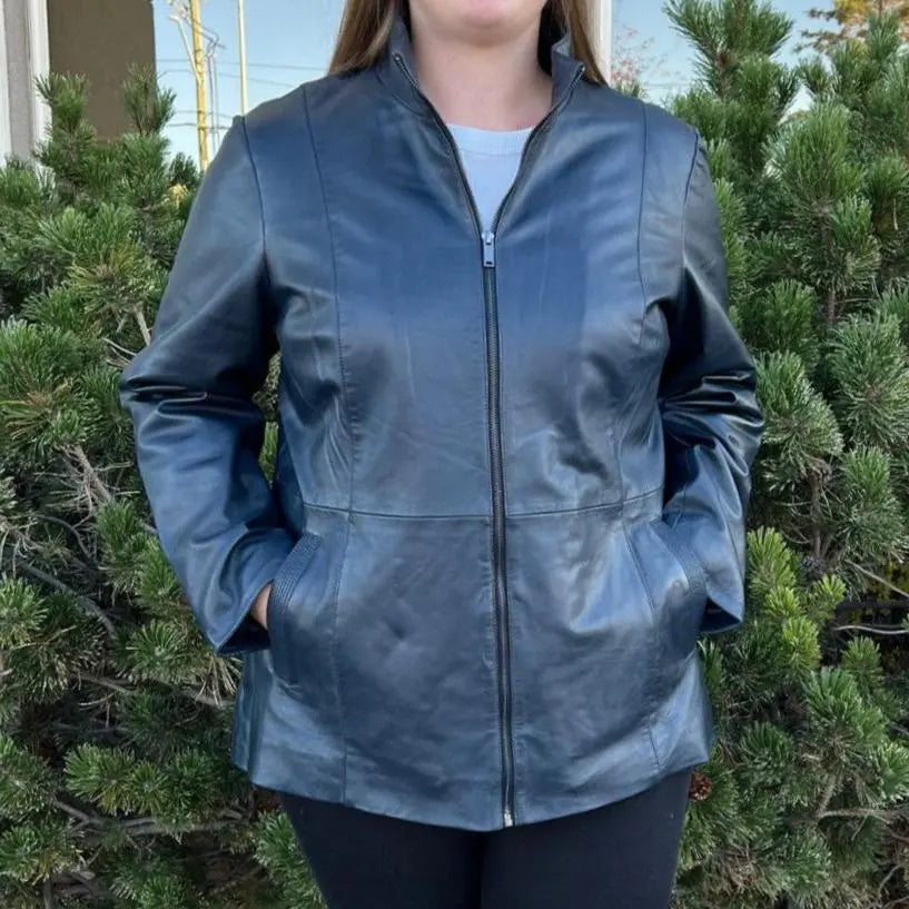 Women's Plus Size Lamb Leather Jacket with Zipper and Dual Pockets