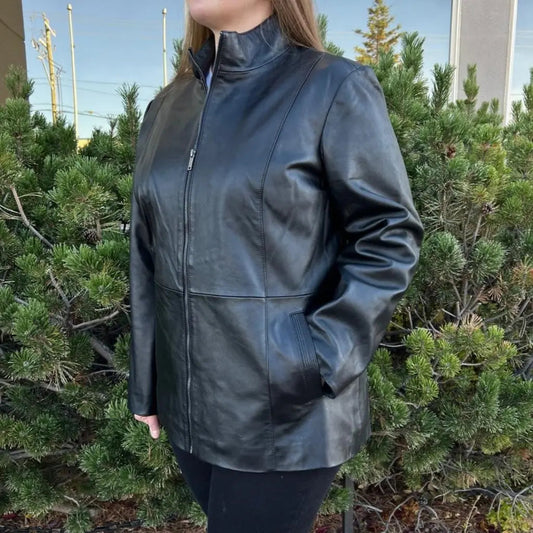 Women's Plus Size Lamb Leather Jacket with Zipper and Dual Pockets