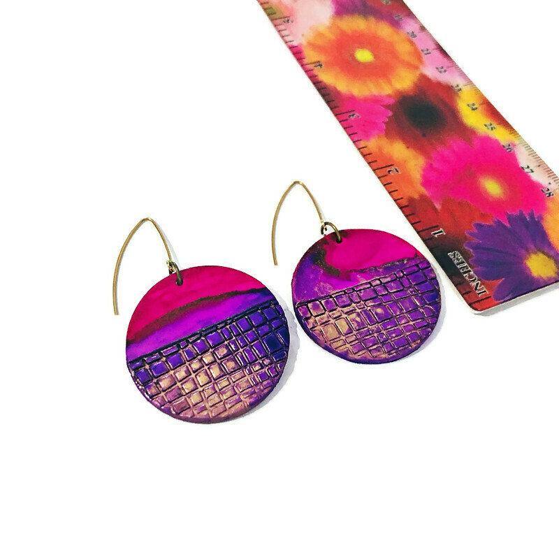 Large Disc Dangle Earrings, Handmade Alcohol Ink – "Megan"
