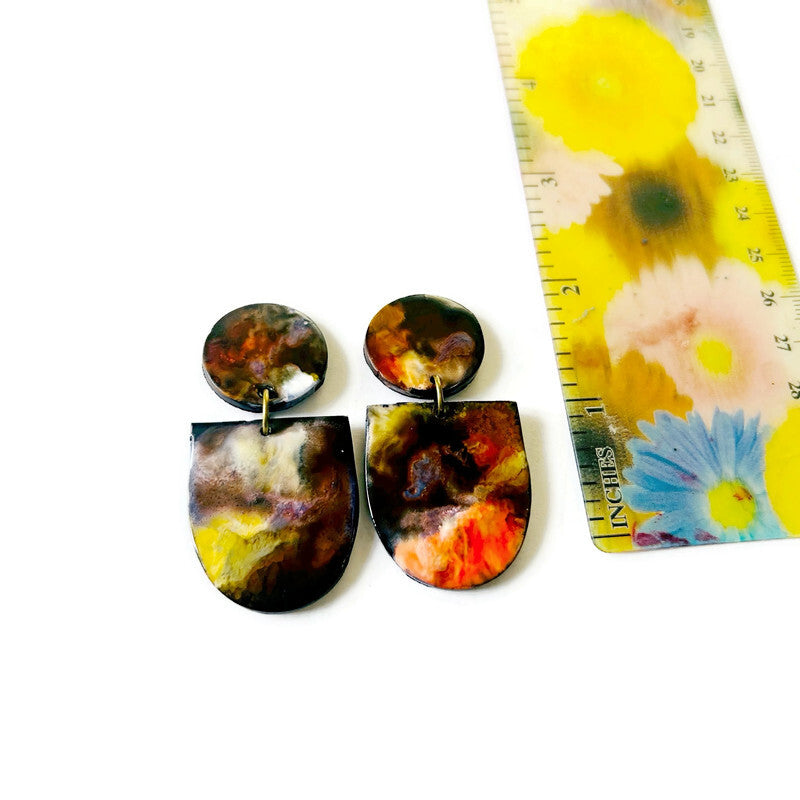Abstract Alcohol Ink Jewelry Set in Black, White Yellow Orange, Fluid Art Jewelry