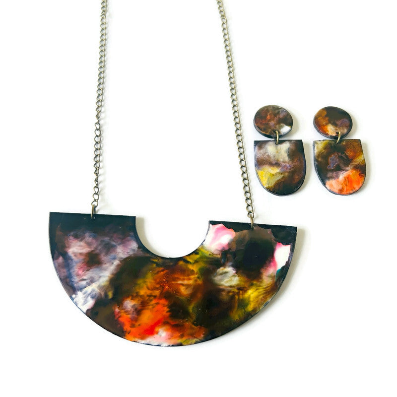 Abstract Hand Painted Earrings in Black White Yellow