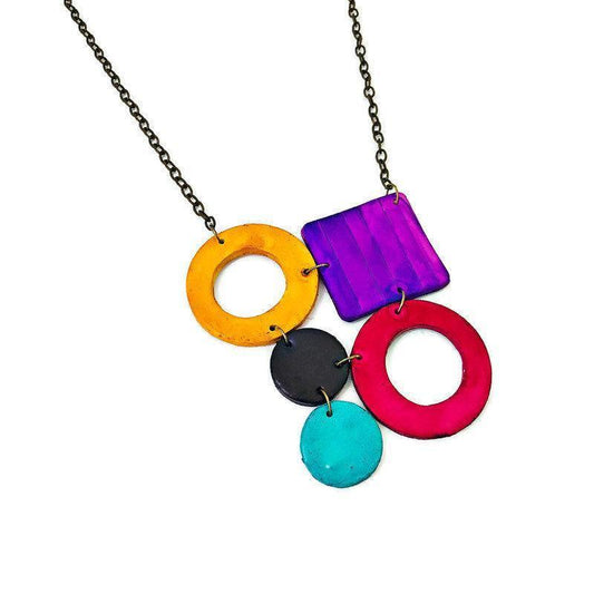 Bold Retro Statement Necklace with Multicolored Geometric Design, Clay Hand Painted
