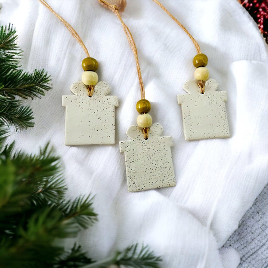 Christmas Present Shaped Ornament Handmade from Clay & Nova Scotia Beach Sand