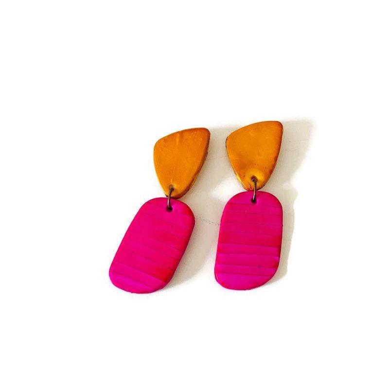 Clay Two Tone Earrings Handmade, Post or Clip Ons - "Alex"
