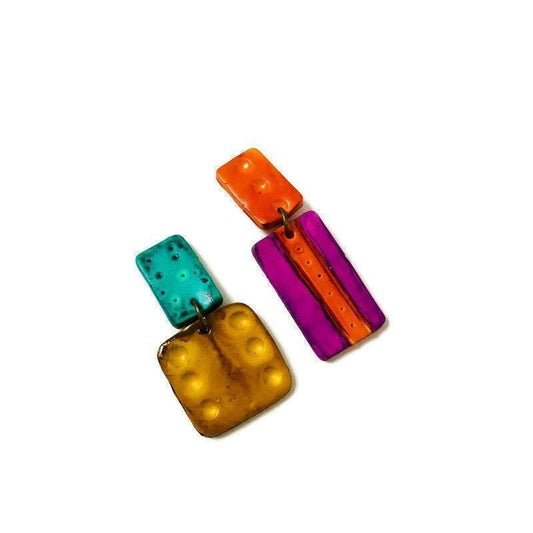 Colorful Mismatched Statement Earrings, Post or Clip On, Handmade Polymer Clay