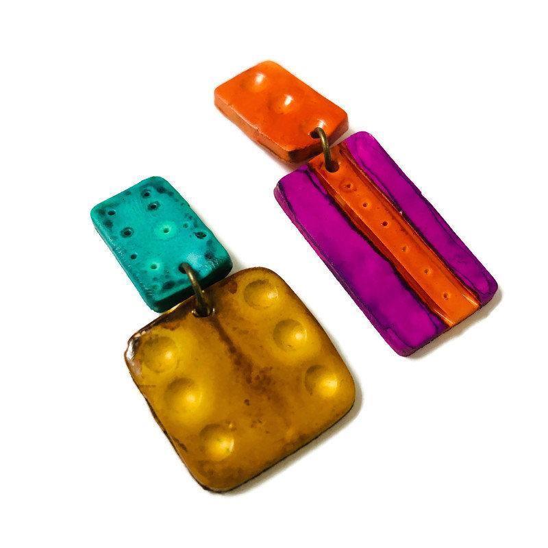 Colorful Mismatched Statement Earrings, Post or Clip On, Handmade Polymer Clay