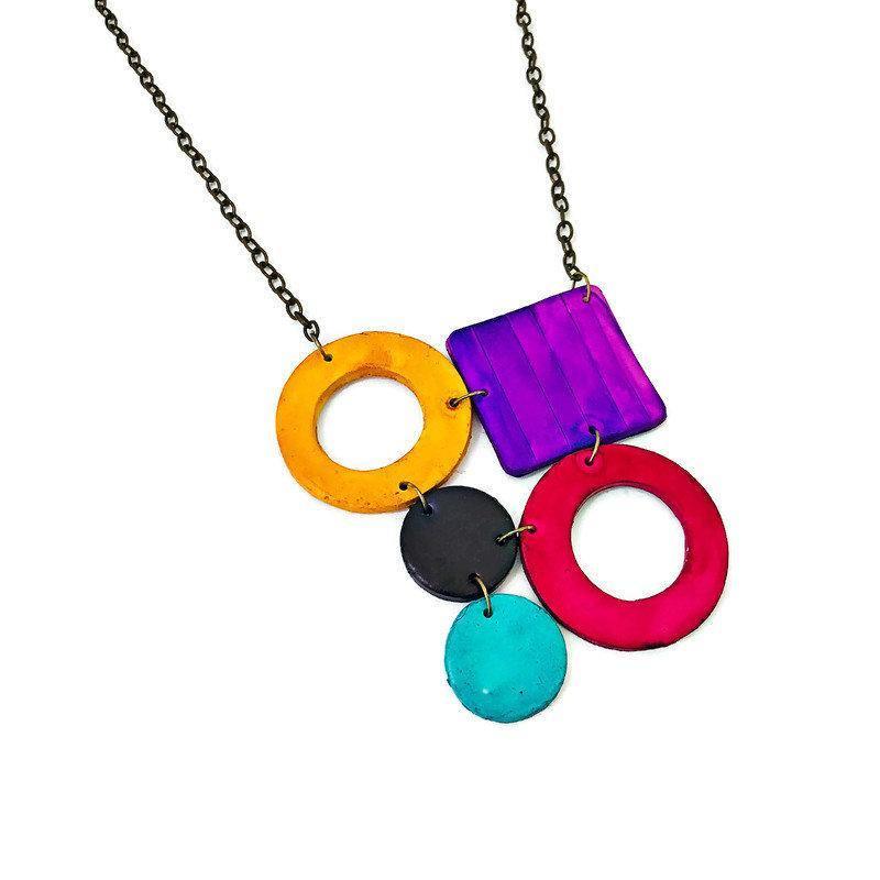 Colorful Geometric Necklace with Turquoise Hoop Earrings, Polymer Clay Jewelry Set Hand Painted