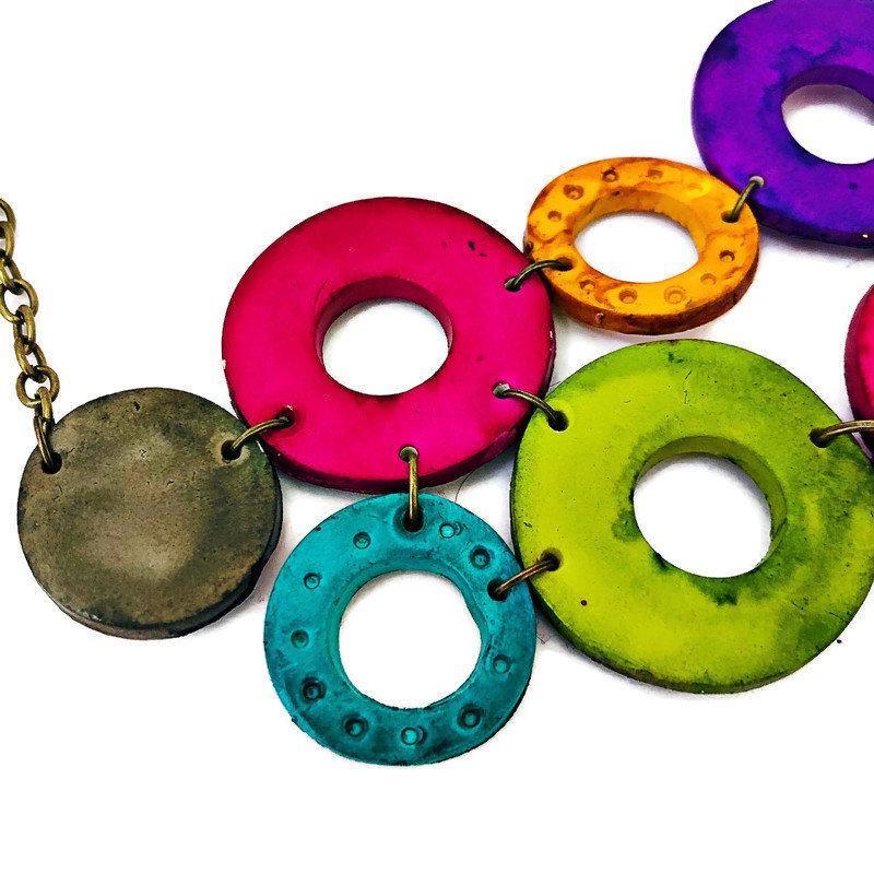 Colorful Linked Circle Statement Necklace, Handmade Polymer Clay