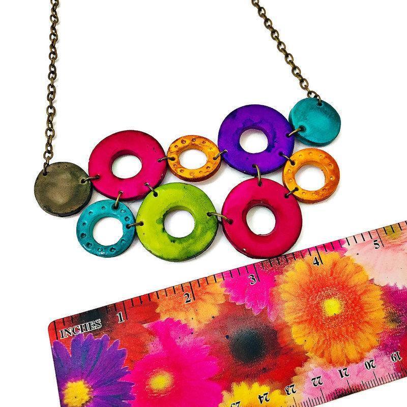 Colorful Linked Circle Statement Necklace, Handmade Polymer Clay