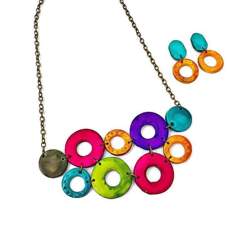 Colorful Linked Circle Statement Necklace, Handmade Polymer Clay