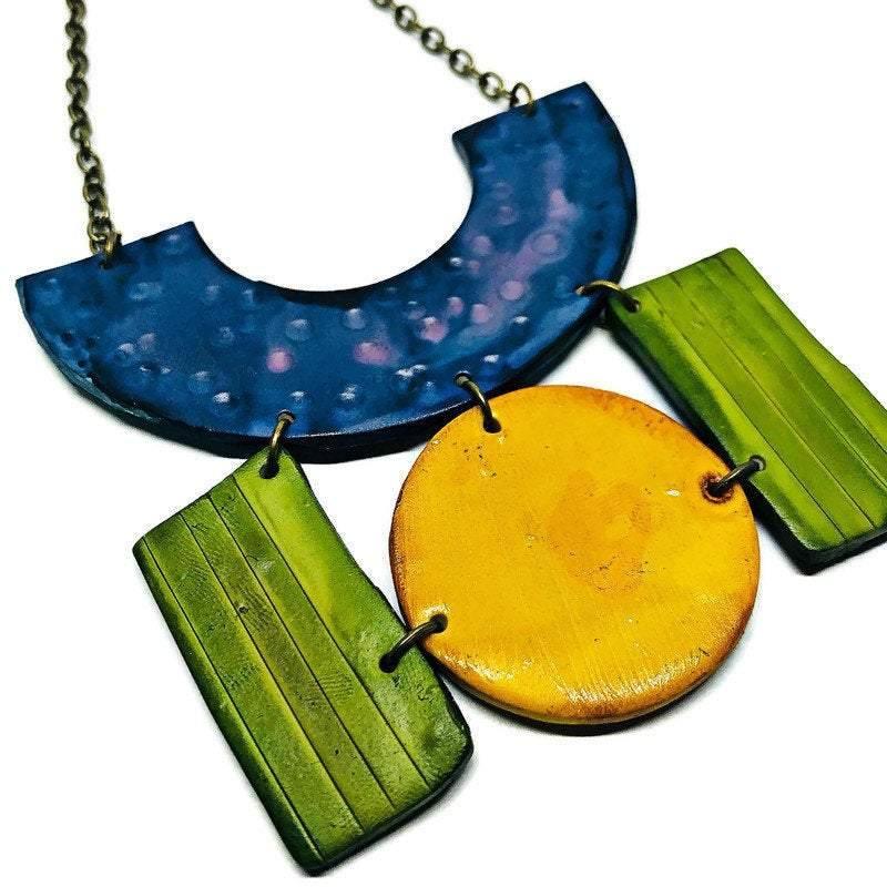 Colorful Painted Statement Necklace with Geometric Design