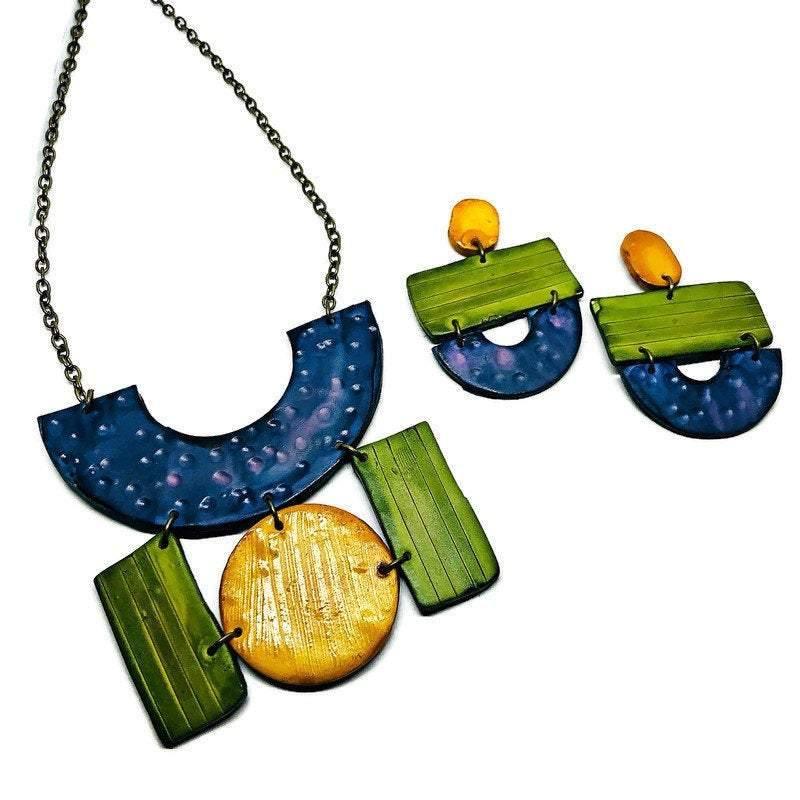 Colorful Painted Statement Necklace with Geometric Design
