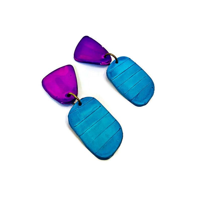 Clay Two Tone Earrings Handmade, Post or Clip Ons - "Alex"