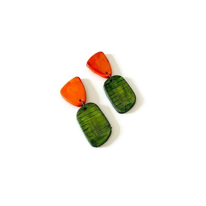 Clay Two Tone Earrings Handmade, Post or Clip Ons - "Alex"