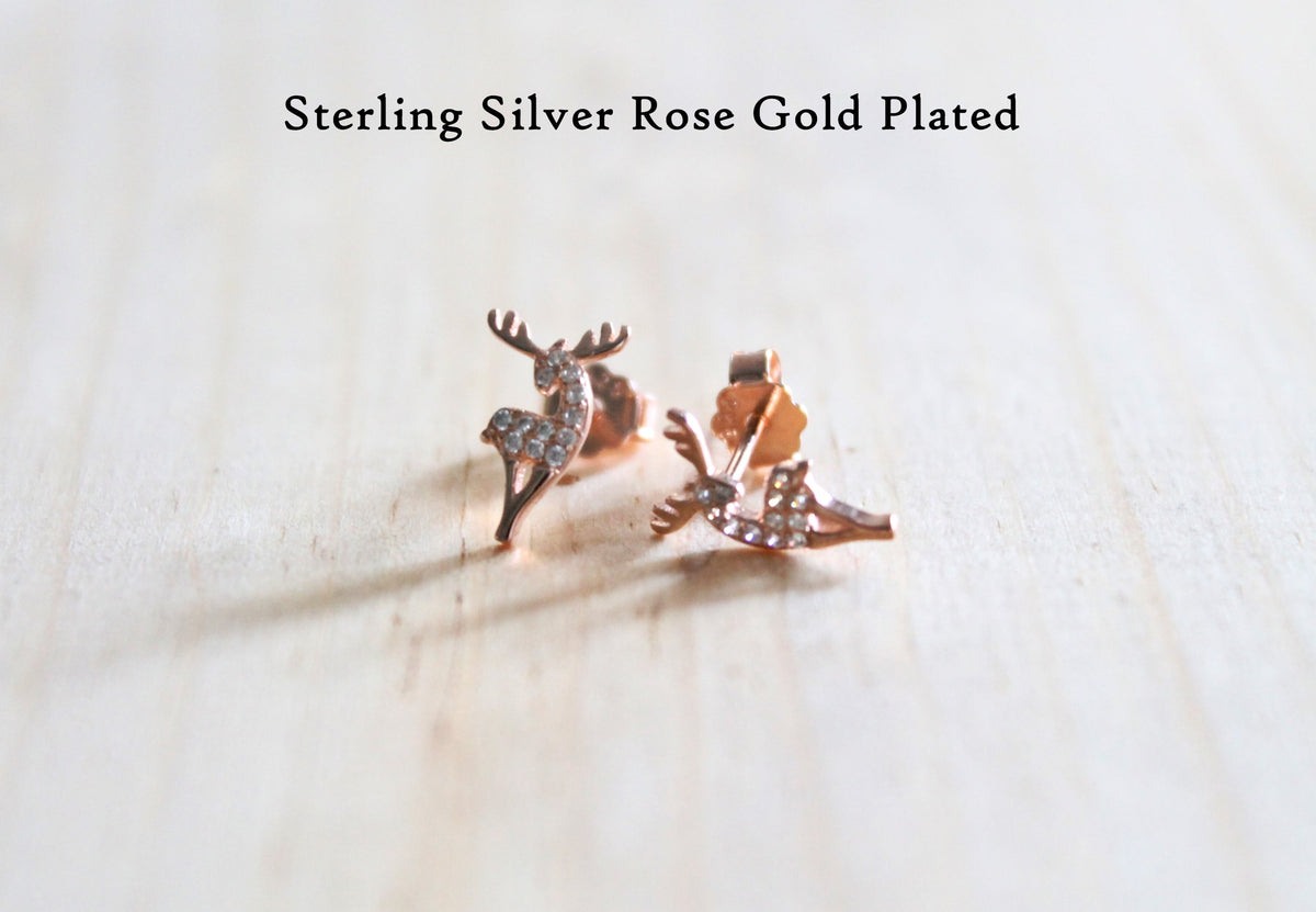 Posing Reindeer CZ Studs — Sterling Silver or Rose Gold Plated