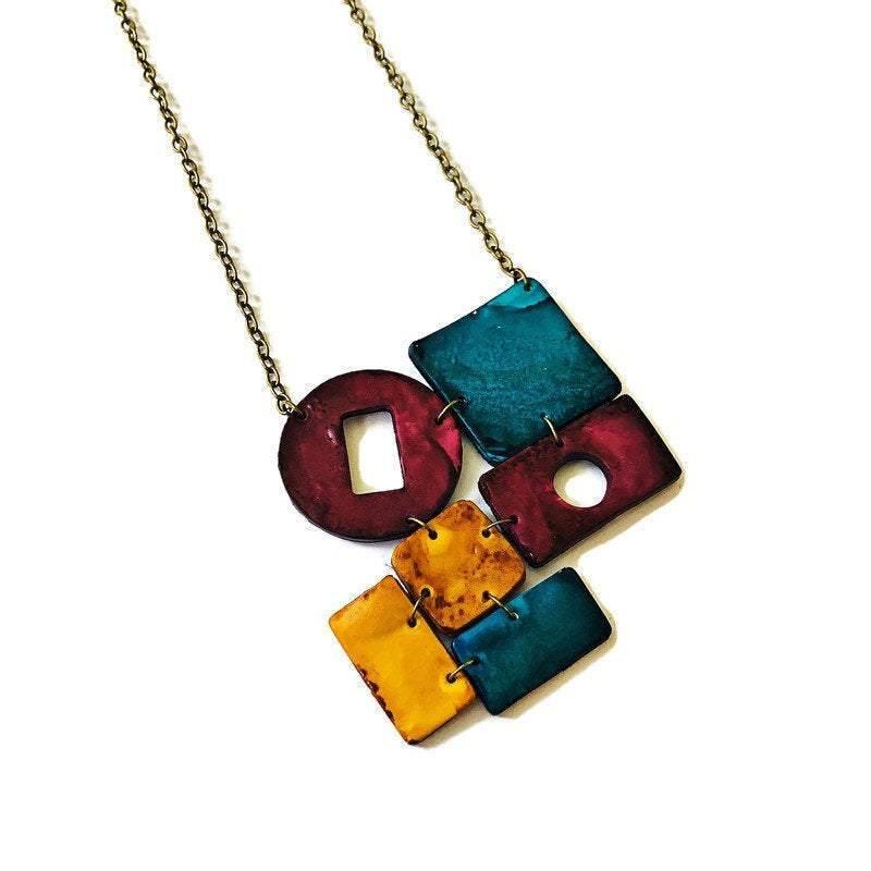 Geometric Statement Necklace, Maroon, Teal & Mustard Yellow, Handmade Polymer Clay