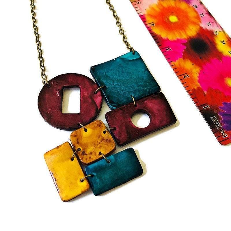 Geometric Statement Necklace, Maroon, Teal & Mustard Yellow, Handmade Polymer Clay