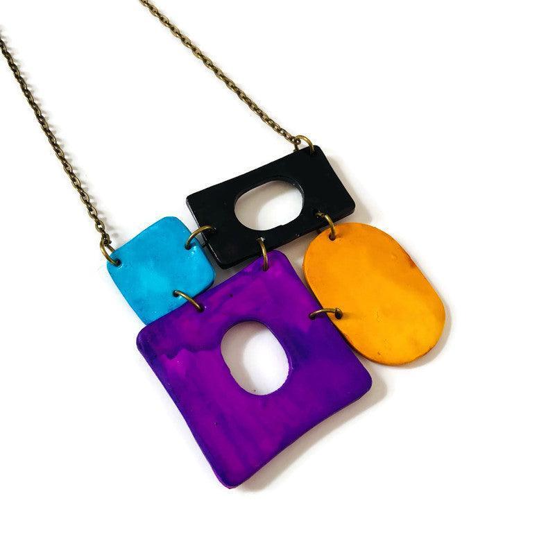 Color Block Statement Pendant Necklace, Four-Piece Design, Handmade Polymer Clay