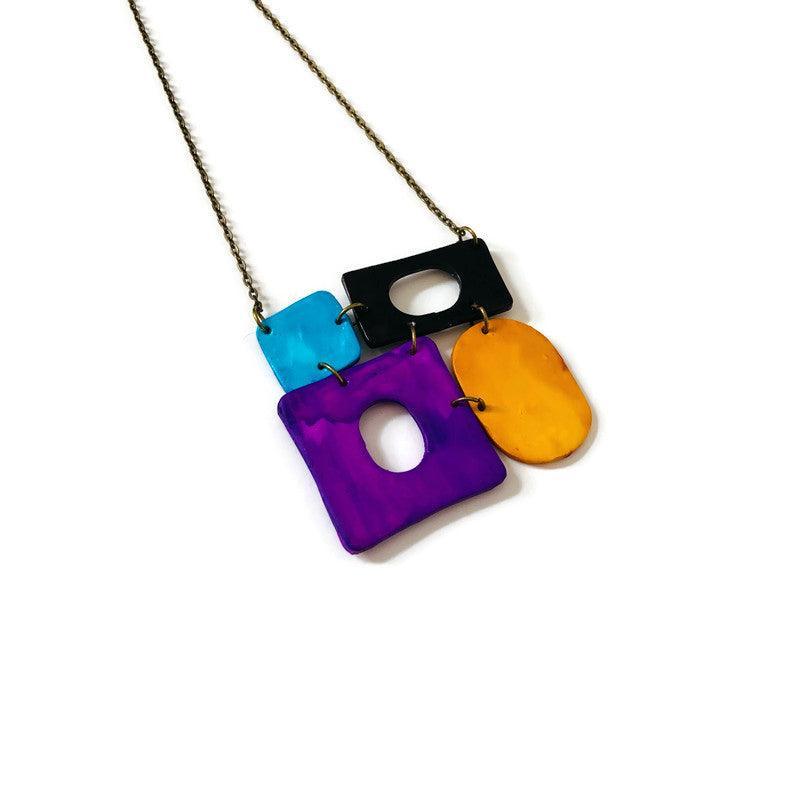Color Block Statement Pendant Necklace, Four-Piece Design, Handmade Polymer Clay