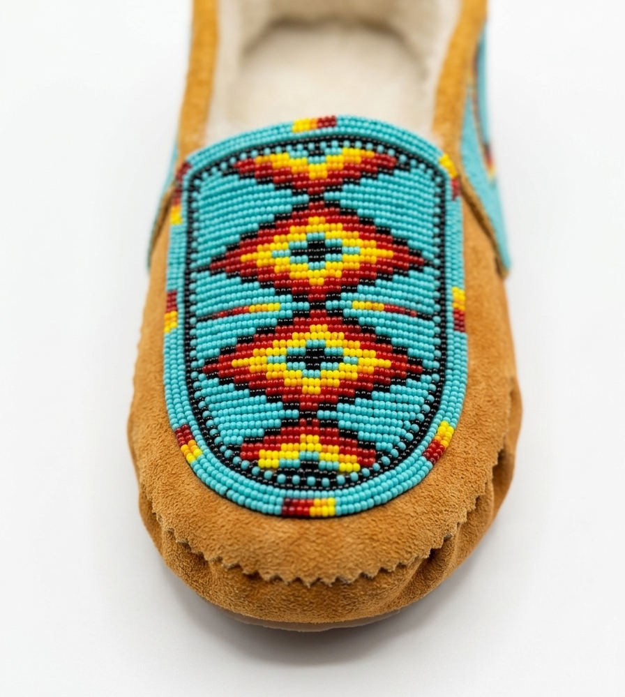 Geometric Beaded Cow Suede Moccasins – Fleece Lined