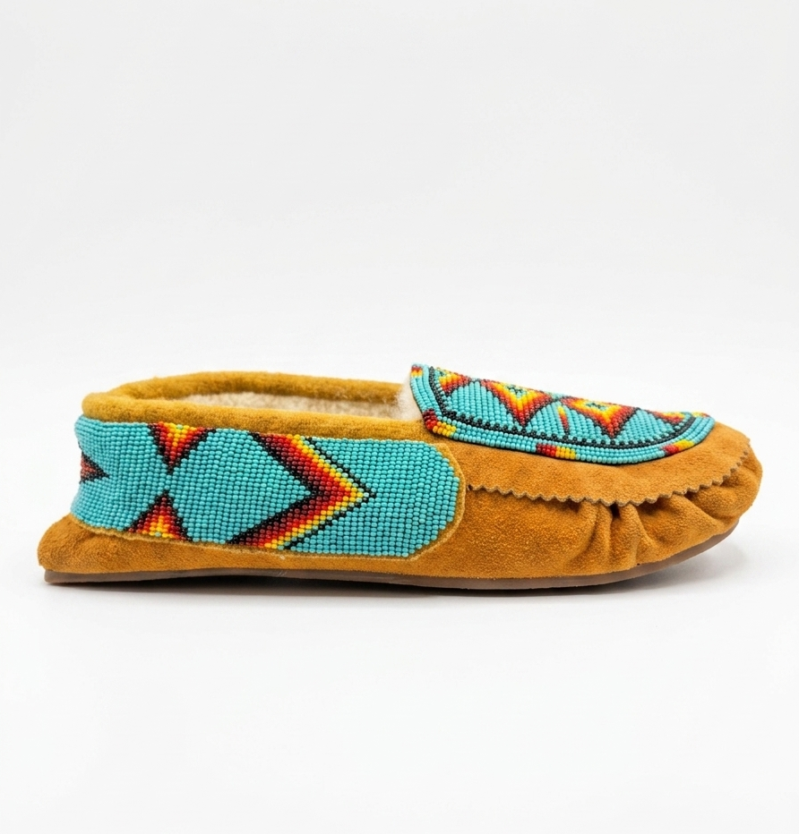Geometric Beaded Cow Suede Moccasins – Fleece Lined