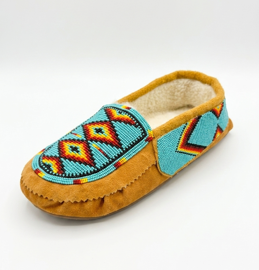 Geometric Beaded Cow Suede Moccasins – Fleece Lined