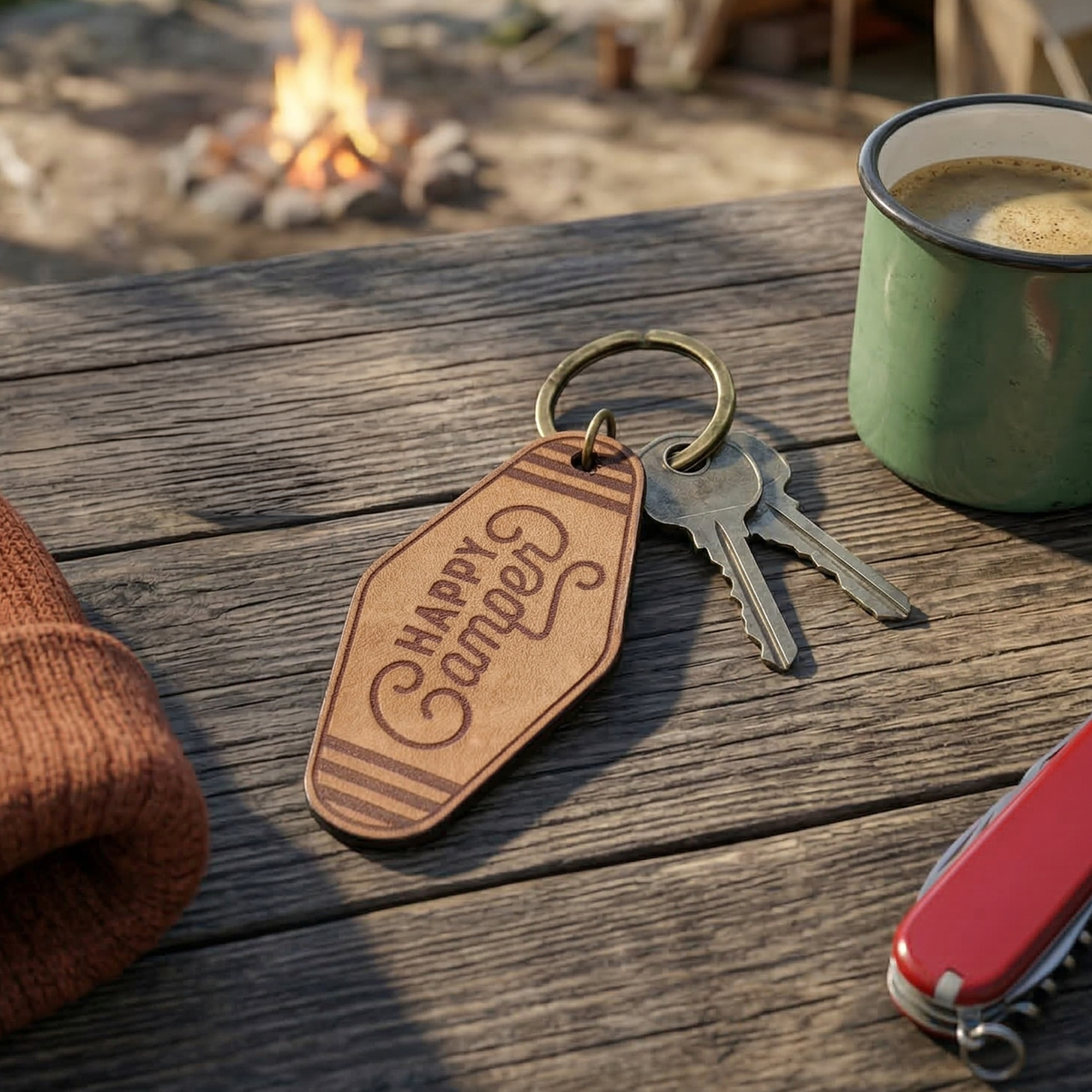 Vintage Motel Key Leather Keychain | Happy Camper