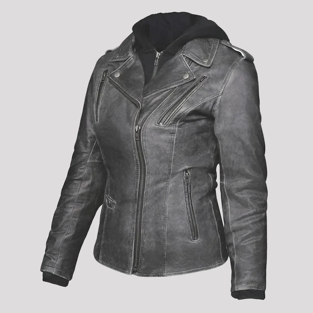 Open Road Women's Hooded Classic Leather Motorcycle Jacket