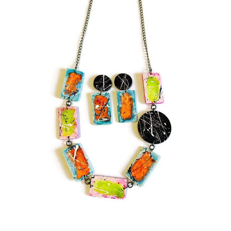 Bold Colorful Beaded Statement Necklace- Paint Spalsh